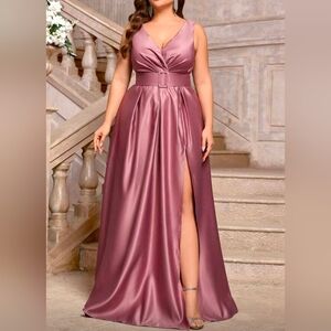 New Luxe Wrap Top Belted Maxi Dress PLUS Split Hem Sleeveless Pink